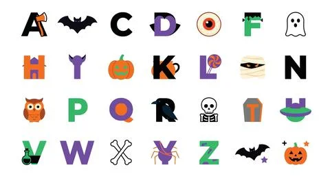 Creative halloween font collection featuring spooky creatures and monster e.. Illustrazione stock