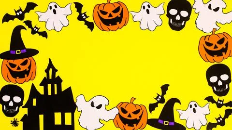 Creative Halloween frame made of various scary stickers on yellow background. Stock Illustration