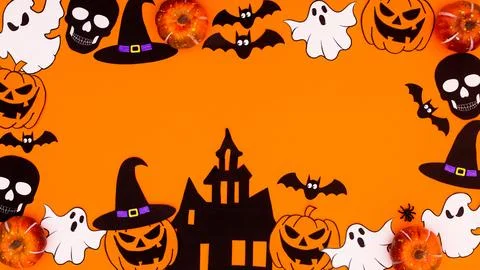 Creative Halloween frame made of various scary stickers on orange background. Stock Illustration