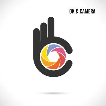Creative hand and camera lens abstract logo design.Hand Ok symbol icon.Corpor Stock Illustration