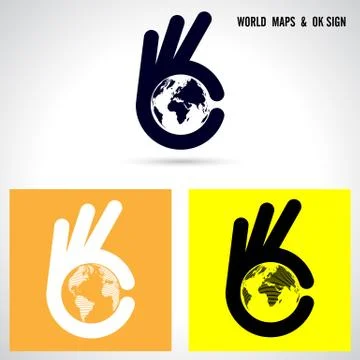 Creative hand and world map abstract logo design.Hand Ok symbol icon.Corporat Stock Illustration