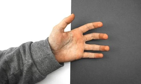 Creative hand concept on flat lay background, mockup, template, playing with  Stock Photos