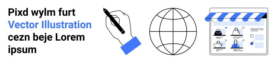 Creative Hand Drawing, Global Network, and E-commerce Elements for Layout D.. Illustrazione stock