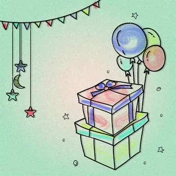 Creative hand drawn greeting card design decorated with colourful gift boxe.. Stock Illustration