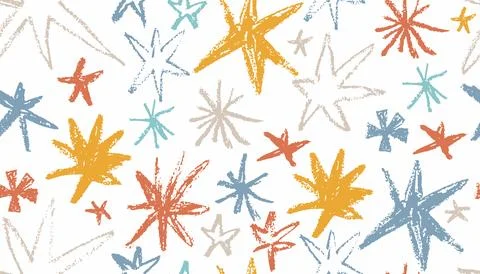 A creative, hand drawn pattern with oil pastel star shapes, sparkles in var.. Stock Illustration