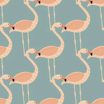 Creative hand drawn seamless pattern with pastel pink flamingo ornament. Blue イラスト素材