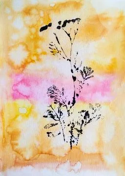Creative hand painted texture with plant imprints. Colorful paper background. Stock Illustration