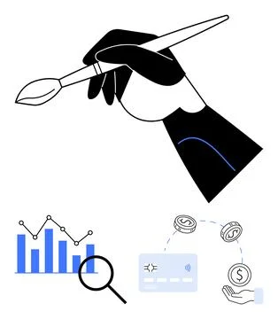 Creative hand painting with brush, bar chart, magnifying glass and financia.. Stock Illustration