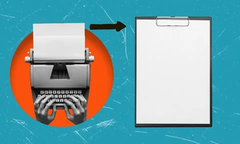 Creative hand prints on a retro typewriter, modern art collage with copy spac Stock Illustration