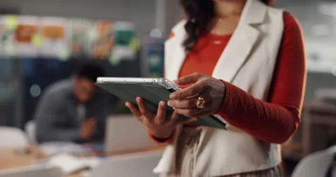 Creative, hands or woman with tablet in office for campaign brief, review logo Stock Footage 316577678