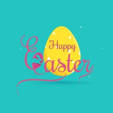 Creative Happy Easter Calligraphy Text with Cartoon Bunny and Egg on Turquo.. Stock Illustration