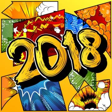 Creative happy new year 2018 design card on comic book background. Vector ill Illustrazione stock