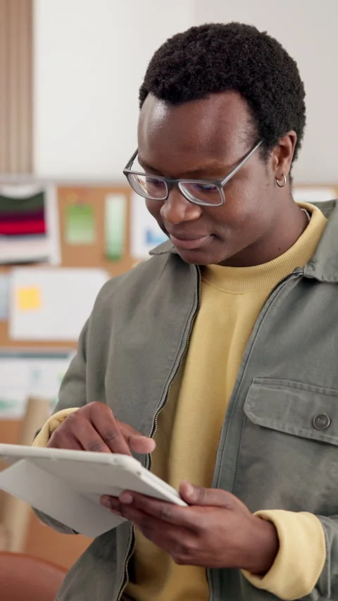 Creative, happy or black man in office with tablet, ads objective or audience Stock Footage 346817935