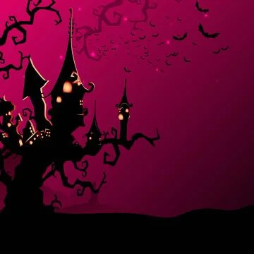 Creative haunted house on the dead tree with flying bats in night view for .. Stock Illustration