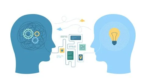 Creative help in difficult problem, understanding, heads with connection of Stock Illustration