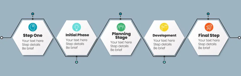 Creative hexagon-shaped business process infographic template showing five Stock Illustration