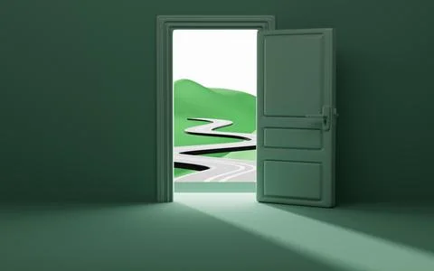 Creative highway though the opening door, 3d rendering. Stock Illustration