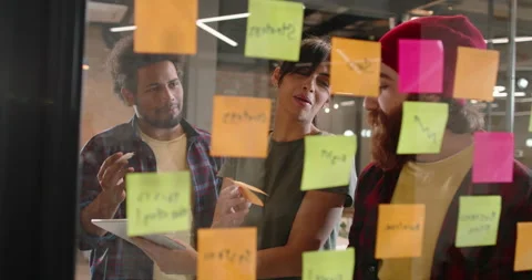 Creative hipster multiethnic team brainstorming near strategy board with Stock Footage 161982884