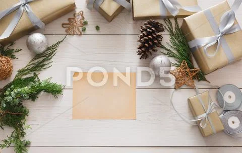 Creative hobby background. Handmade making christmas present in box Stock Photos