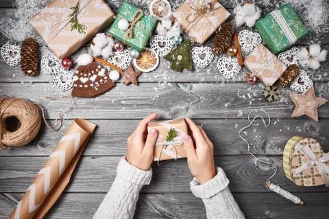 Creative hobby. Christmas presents with tools and decorations. Packing presents Stock Photos