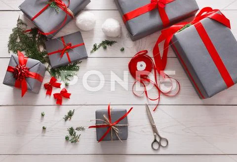 Creative hobby. Handmade tools for making christmas present in box Stock Photos