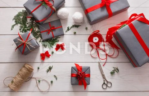Creative hobby. Handmade tools for making christmas present in box Stock Photos