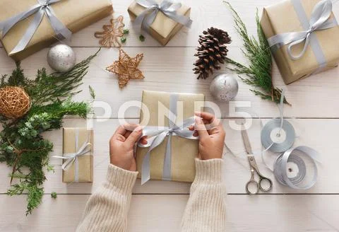 Creative hobby. Making modern handmade christmas present box Stock Photos
