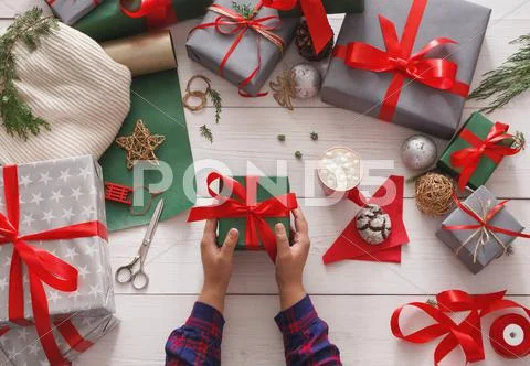 Creative hobby. Making modern handmade christmas present box Stock Photos
