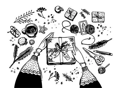 Creative hobby. Top view of hands on table with fir tree branches, decoration Illustrazione stock