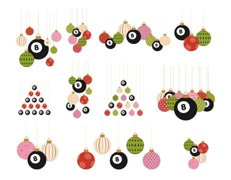 Creative Holiday Ornaments Featuring Billiard 8-Balls, Christmas Patterns a.. Stock Illustration