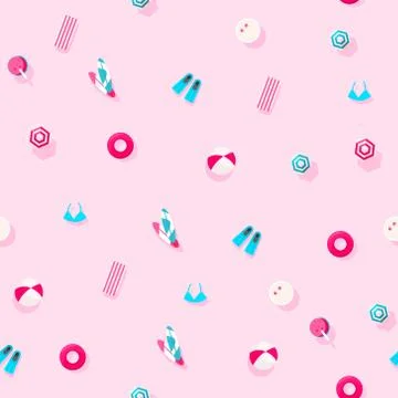 Creative holidays pattern of summer vacation accessories on a pink background Illustrazione stock