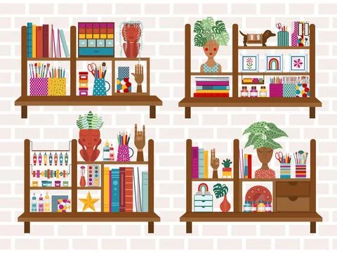 Creative Home Art Studio Shelf Decor in Flat Stock Illustration