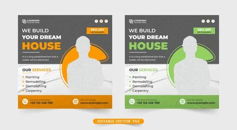 Creative home construction web banner design with green and yellow colors. Ho Stock Illustration