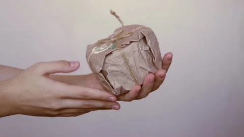 Creative homemade present box in organic recycled materials gift wrapping Stock Footage 165407225