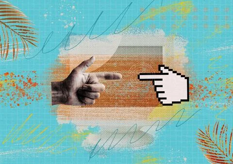 Creative human hand collage and pixel finger pointer 스톡 사진