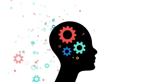Creative human head gear black silhouette, cog wheels, and clean white space. fo Stock Footage 340477655
