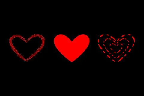 Creative icons set. Red heart shapes in different style, doodle hand drawn lines Stock Illustration