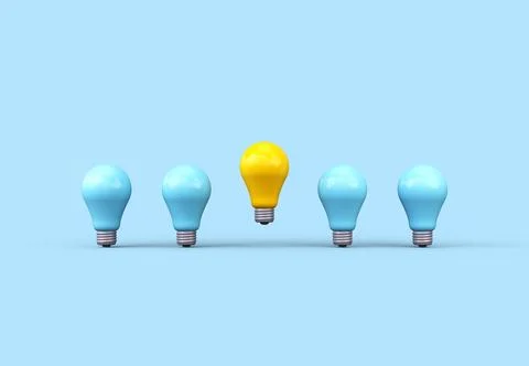 Creative idea. 3D render. Yellow light bulb surrounded by blue light bulbs. Stock Illustration