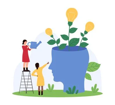 Creative idea and innovation development, tiny people grow bright bulbs inside Illustration