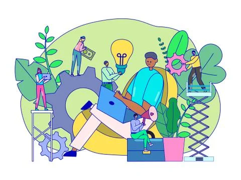 Creative idea brainstorming concept, tiny people cartoon characters, vector Ilustración de archivo
