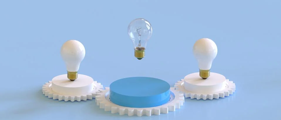 Creative idea Bulb light and Gear podium with success Leadership concept on Blue Stock Illustration