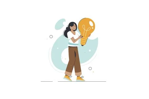 Creative idea, character holding light bulb. Inspiration, insight. Brainstorm Stock Illustration
