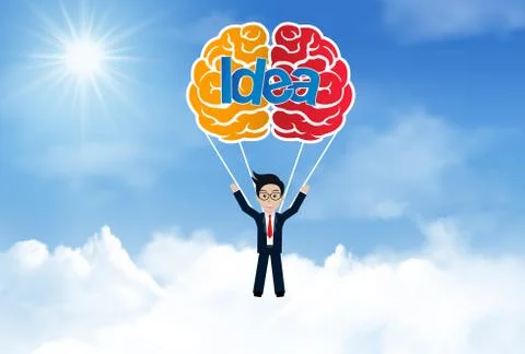 Creative idea concept. brain parachute with businessman jump with from sky.   Stock Illustration