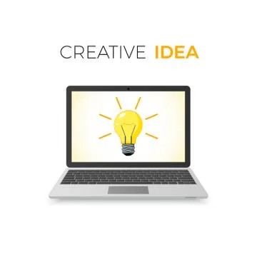 Creative Idea Concept. Business solution. Lamp on laptop screen. Vector illus Stock Illustration