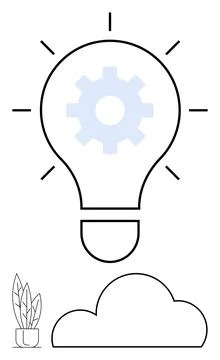 Creative Idea Concept with Gear Inside Light Bulb, Cloud, and Potted Plant Illustrazione stock