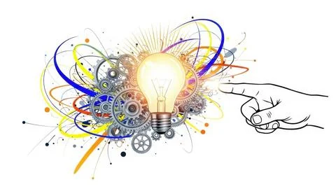 Creative Idea Concept with Glowing Light Bulb and Abstract Colorful Lines Illustrazione stock