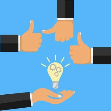 Creative idea concept. Hand holding light bulb, hand with thumbs up. Stock Illustration