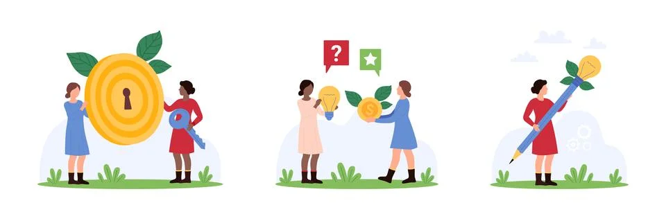 Creative idea development set, tiny people holding key and lock, pencil to 스톡 일러스트