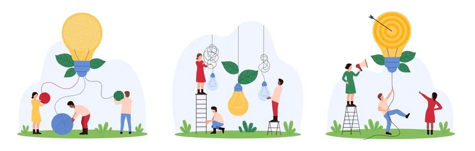 Creative idea, easy solution set, tiny people untangle wires of hanging light Stock Illustration