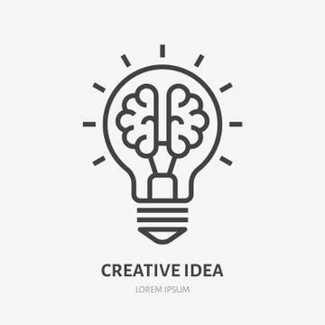 Creative idea flat line icon. Brain in lightbulb vector illustration. Thin sign Stock Illustration